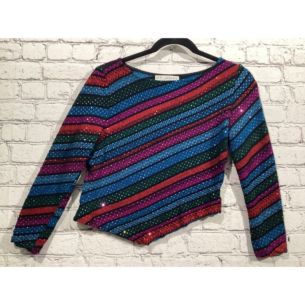 St John Evening Marie Gray Knit Sequin Striped Asymmetrical Top Blue Red Size 6
